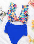 Dark Blue Sexy Deep V Neck Tie Ruffles High Waisted Bikini Set- Free Shipping