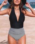 Black Retro Stripe V Neck Backless Halter One Piece Swimsuit