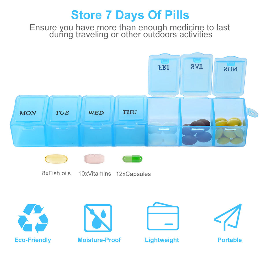 Weekly Pill Organizer 7 Day Pill Planner BPA Free Pill Box Case with 7 Compartments for Vitamins Medication Supplements