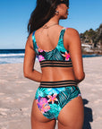 Green Tropical Floral Print Mesh Splicing Trim Bikini Swimsuit