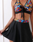 Fiery Red 3pcs Flower Printed Crossed Top and A Line Skirt Bikini Set