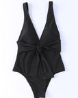 Black Deep V Neck Knot Waist One Piece Swimsuit