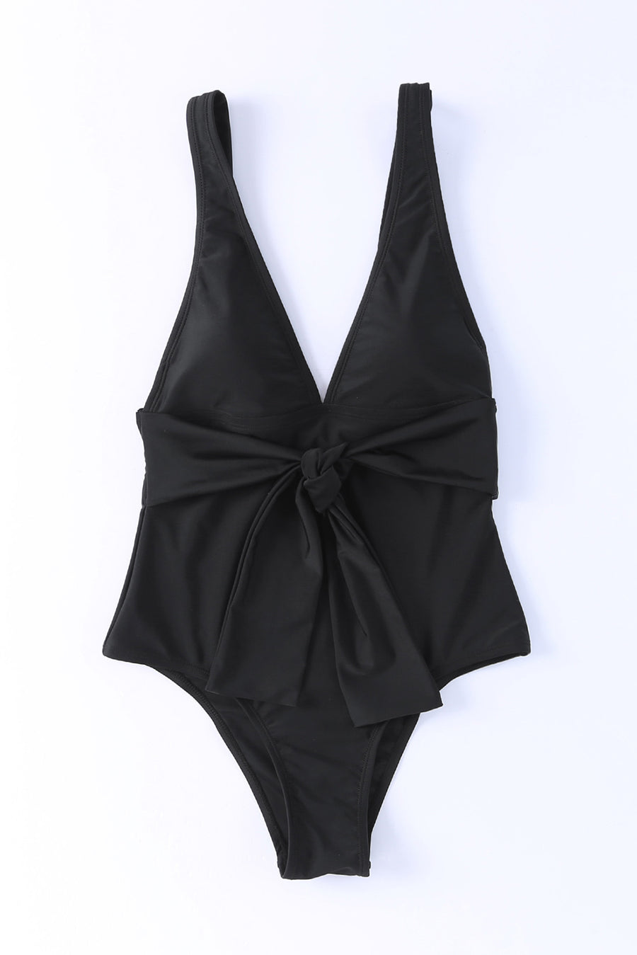 Black Deep V Neck Knot Waist One Piece Swimsuit