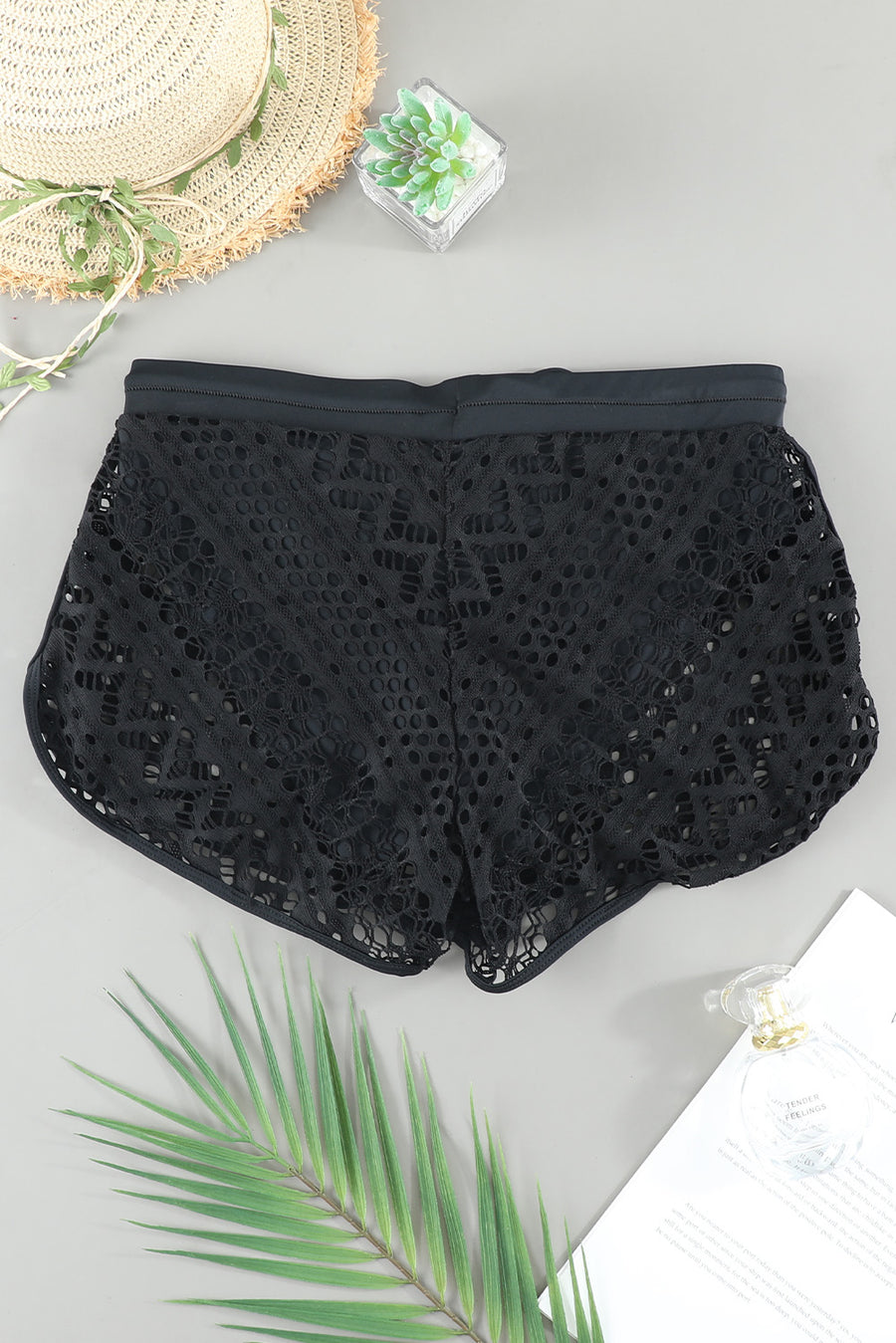 Black Hollow Out Lace Overlay Swim Shorts