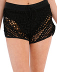 Black Hollow Out Lace Overlay Swim Shorts