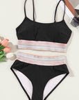 Black Striped Patchwork Spaghetti Strap High Waist Bikini Set