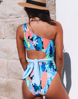 Light Blue Sexy Asymmetric Cutout Belted One Piece Swimsuit