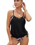 Black Sexy Leopard Colorblock Spaghetti Blouson Tankini Set