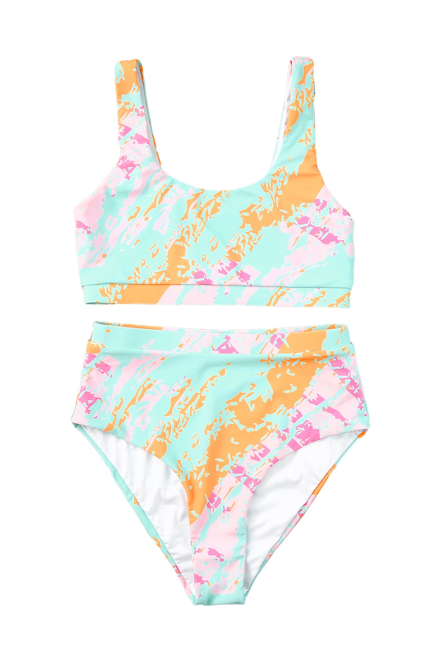 Sky Light Blue Abstract  Waves  Print High Waist Bikini Swimsuit