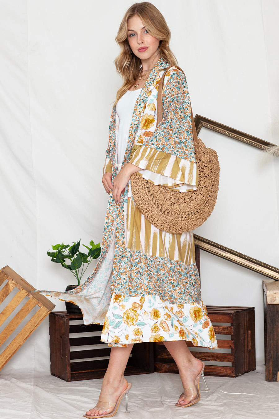 Multicolor Wide Sleeve Mixed Floral Print Long Kimono Effortless Elegance for Every Occasion