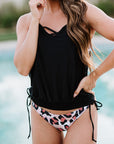 Black Sexy Leopard Colorblock Spaghetti Blouson Tankini Set