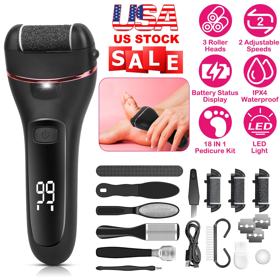 Electric Foot Callus Remover Foot Grinder Rechargeable Foot File Dead Skin Pedicure Machine w/ 3 Roller Heads 2 Speeds 18 in 1 Foot Care Tool