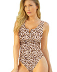 Khaki Leopard Print Notched Neck Backless One Piece Swimsuit