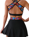 Fiery Red 3pcs Flower Printed Crossed Top and A Line Skirt Bikini Set