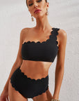 Black Sexy Scalloped Trim Asymmetrical Neck High Waist Bikini Set