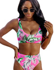 Women Swimsuit Rose Tropical Scoop Neck Ribbed High Waist Bikini Set Two Piece High Waisted Print Bathing Suit