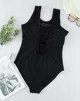 Black Hollow Out Back Mesh High Leg One Piece Swimsuit