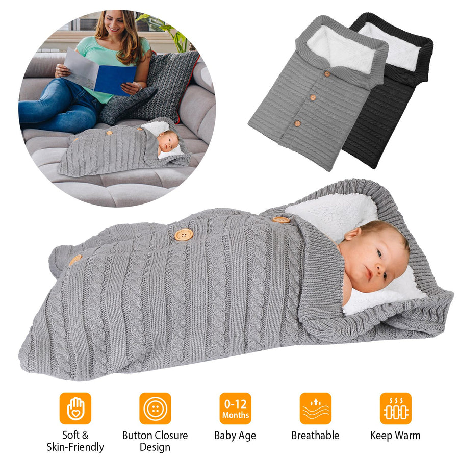 Unisex Baby Knit Swaddle Blanket Infant Nest Swaddle Newborn Cozy Fleece Nursery Sleeping Bag Wraps w/ Buttons