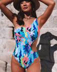 Light Blue Sexy Asymmetric Cutout Belted One Piece Swimsuit