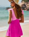 Bright Pink Cut Out Ruffle Crossed One Piece Swimdress