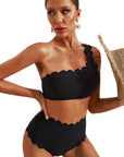 Black Sexy Scalloped Trim Asymmetrical Neck High Waist Bikini Set