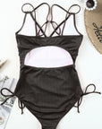 Black Adjustable Straps Ribbed Knit Backless One Piece Swimsuit