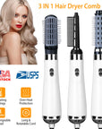 3 In 1 Hot Air Brush One-Step Hair Dryer Comb 3 Interchangeable Brush Combs Volumizer Hair Curler Straightener 66.93in Rotatable Cable w/ 3 Heating Ad