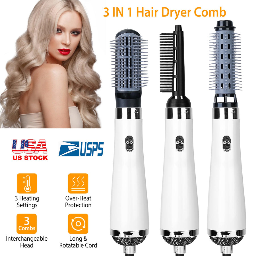 3 In 1 Hot Air Brush One-Step Hair Dryer Comb 3 Interchangeable Brush Combs Volumizer Hair Curler Straightener 66.93in Rotatable Cable w/ 3 Heating Ad