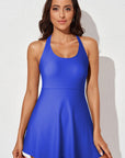 Blue Strappy Halterneck Skirt Style One Piece Swimsuit