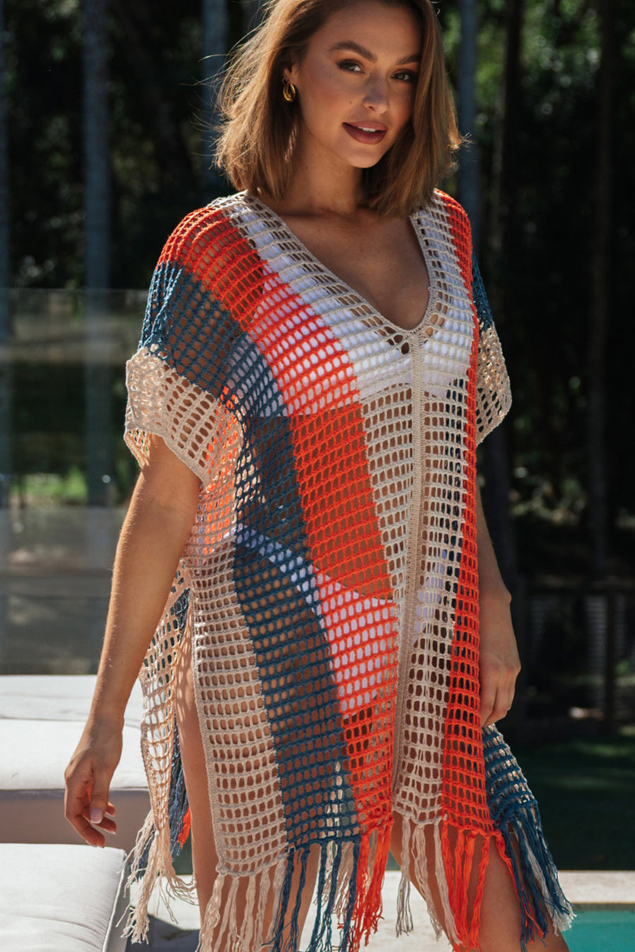 Multicolor Striped Tassel Crochet V Neck Beach Cover Up Perfect Poolside Companion