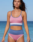 Women Striped Pink Colorblock Spaghetti Straps Ribbed High Waist Bikini Swimsuit