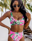 Women Swimsuit Rose Tropical Scoop Neck Ribbed High Waist Bikini Set Two Piece High Waisted Print Bathing Suit