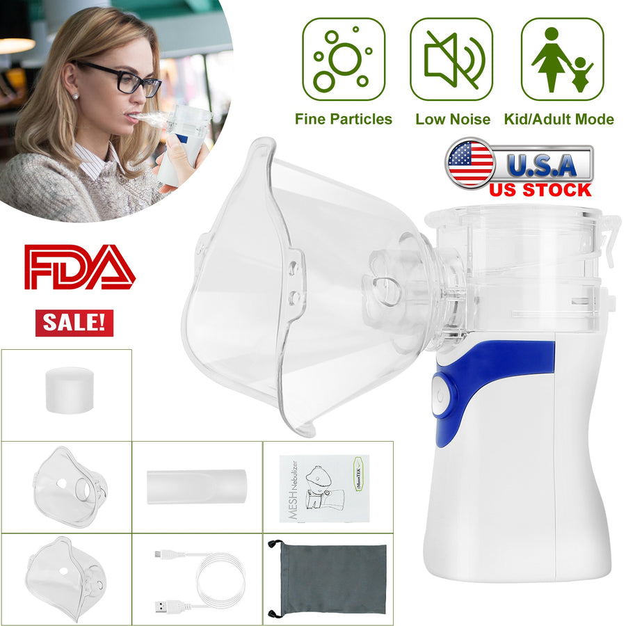 Handheld Ultrasonic Mesh Atomizer Nebulizer Breathing Inhale Mist Compressor Steamer w/ Adult Kid Mask Mouthpiece