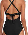 Black Leopard Print V Neck Colorblock One Piece Swimsuit