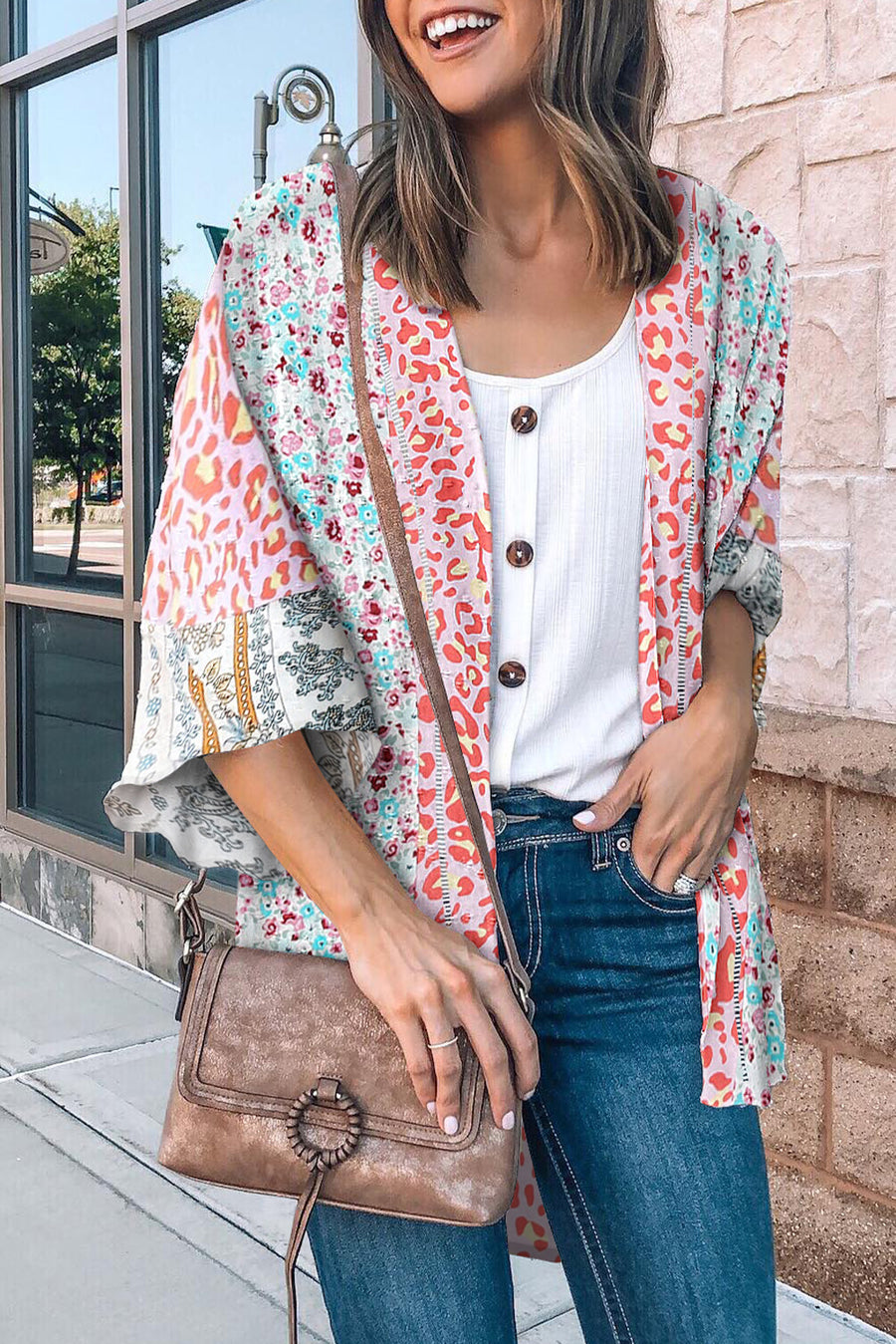 Multicolor Floral Print Boho Bell Sleeve Open Front Cover Up