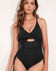 Black Ribbed Sexy Cutout One Piece Swimsuit