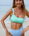 Aruba Blue Textured Colorblock Cut Out One Shoulder Monokini