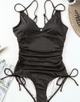 Black Adjustable Straps Ribbed Knit Backless One Piece Swimsuit