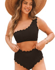 Black Scallop Trim Textured One Shoulder High Waist Bikini Set