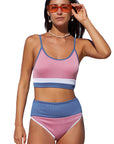 Women Striped Pink Colorblock Spaghetti Straps Ribbed High Waist Bikini Swimsuit