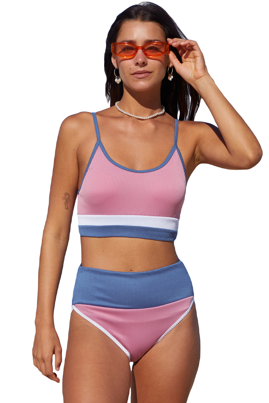 Women Striped Pink Colorblock Spaghetti Straps Ribbed High Waist Bikini Swimsuit