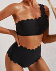 Black Sexy Scalloped Trim Asymmetrical Neck High Waist Bikini Set