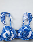 Blue 3pcs Flower Print Ruffled Bikini Set with Cover Up Skirt