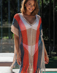 Multicolor Striped Tassel Crochet V Neck Beach Cover Up Perfect Poolside Companion