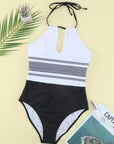 White Striped Backless Cut Out Halter One Piece Swimsuit