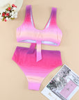 Purple Patchwork Bikini Swimsuit Women Bathing Suits Gradient Color Knotted V Neck Bikini Set