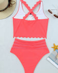 Pink Scalloped Sleeveless High Waisted Two Piece Swimsuit