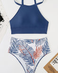 Brown Tropical Print Back Split Color Block High Waisted Swimsuit