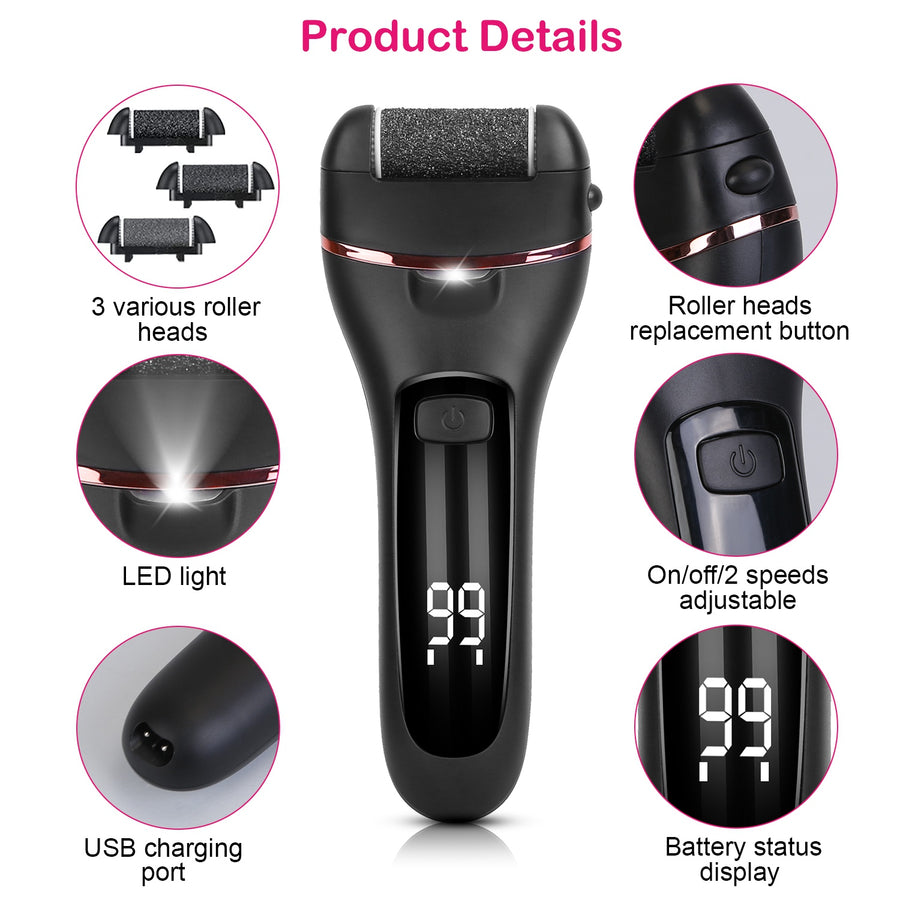 Electric Foot Callus Remover Foot Grinder Rechargeable Foot File Dead Skin Pedicure Machine w/ 3 Roller Heads 2 Speeds 18 in 1 Foot Care Tool