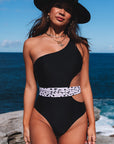 Light Blue Sexy Asymmetric Cutout Belted One Piece Swimsuit